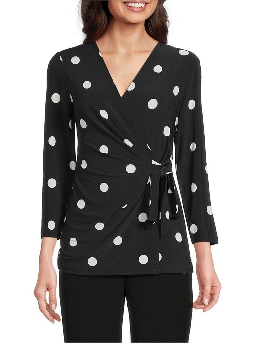 Anne Klein Sz XL Polka Dot Faux Wrap Top Side Tie Blouse Women's Business Casual